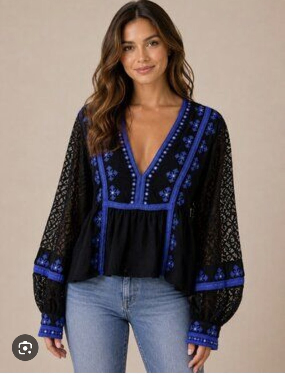 Free People Boogie All Night Black&l Blue V-Neck Embroidered Peasant Top Sz.XS